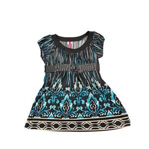 Y2K Boho Ikat Babydoll Top XS Empire Waist Faux Leather Belt Teal